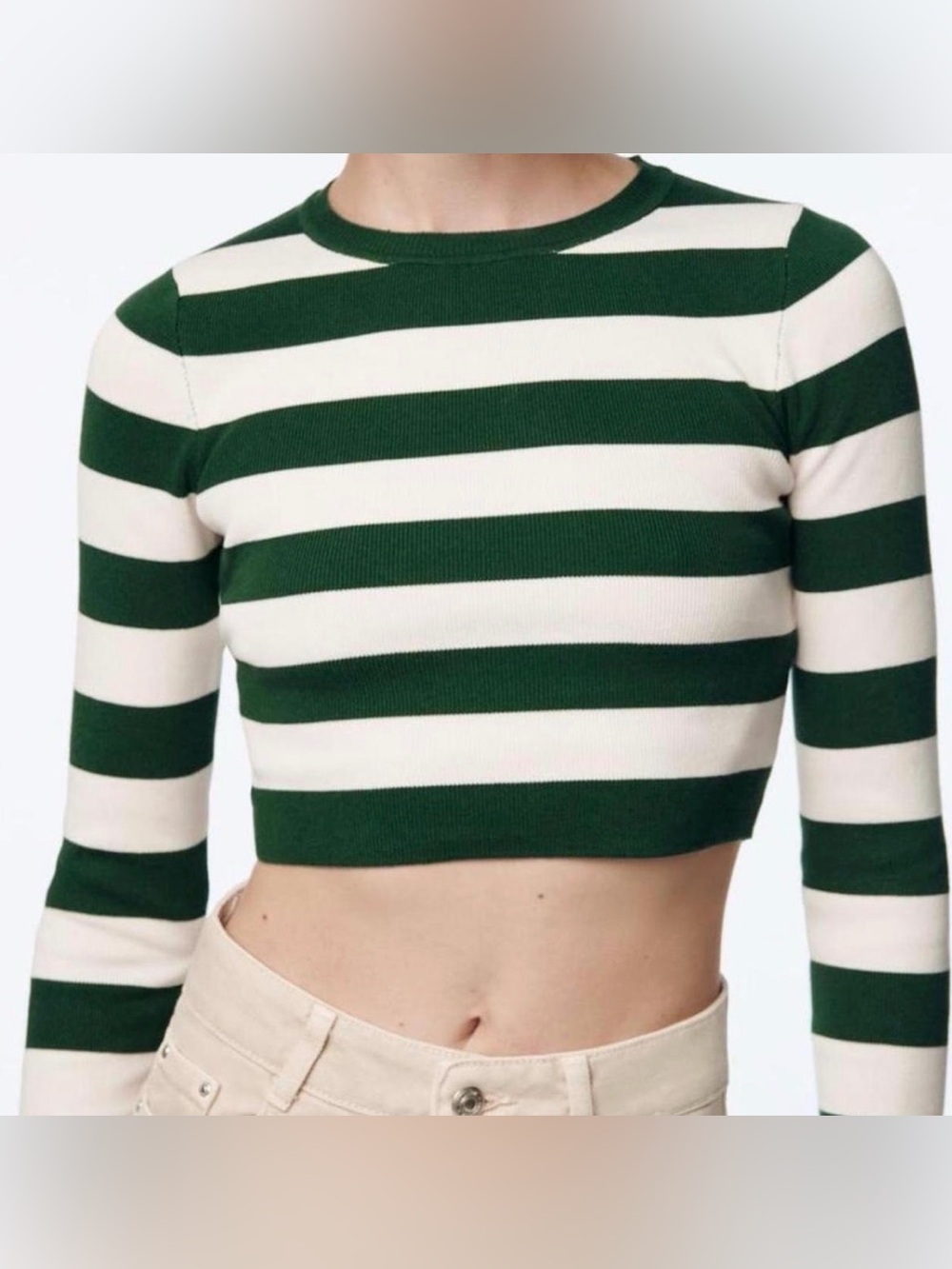Zara Green & Cream Striped Cropped Sweater